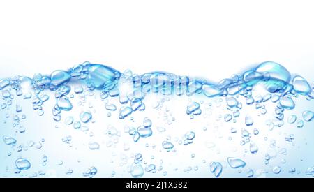 Acqua bollente, fondo astratto con bolle d'aria sulla superficie liquida, movimento dinamico, aqua trasparente, seeter a movimento casuale o zizing, template Illustrazione Vettoriale