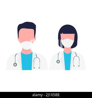 Medici e infermieri personaggi che indossano maschere mediche. Concetto di supporto medico. Illustrazione Vettoriale