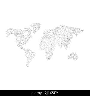 Mappa del mondo con forme triangolari connesse. Simbolo di disegno della linea di terra continua. Illustrazione Vettoriale