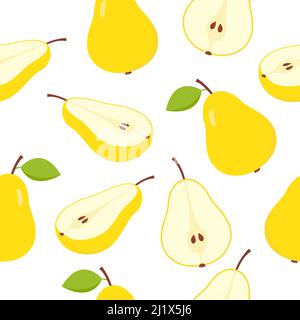 Modello di pere. Fette dolci, frutta intera e semi pera senza cuciture. Vettore isolato su bianco. Illustrazione Vettoriale