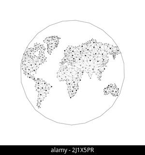 Mappa del mondo con forme triangolari connesse. Simbolo di disegno della linea di terra continua. Illustrazione Vettoriale