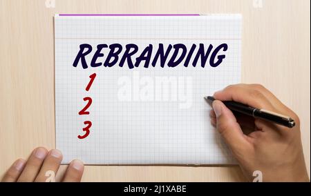 Parola di scrittura di testo di rebranding. Il concetto di business per cambiare immagine aziendale di organizzazione aziendale strategia di marketing uomo con marcatore pagina del notebook Foto Stock