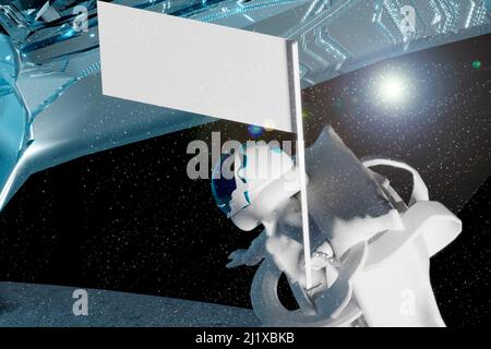 3D rappresentazione illustrazione colpo medio di un astronauta nell'ambiente lunare tra stelle e cielo nero che porta la bandiera bianca nello spazio esterno su una e. Foto Stock