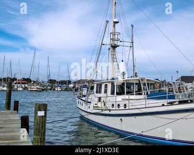 Pesca commerciale bianca gamberetti barca con albero e rigging è legato al molo in un porto turistico con corde. Foto Stock