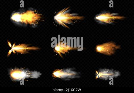 Fucile sparato con fuoco e fumo. Effetti di sparo di armi. Vettore realistico set di fucile muso flash, proiettili volanti con fiamma, scintille e nuvole di fumo è Illustrazione Vettoriale