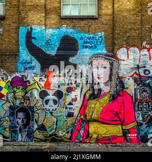 Buxton Street Graffiti, nella zona Spitalfields di Londra, Regno Unito Foto Stock