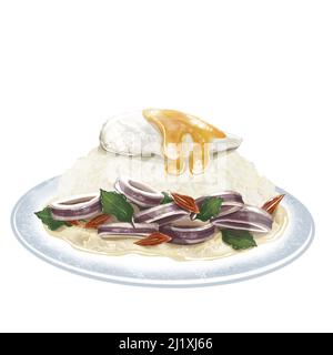 Illustrazione, piccante mescolare i frutti di mare fritti con basilli dolci e uovo fritto sul riso. Un piatto preferito facile trovato in Thailandia. Servito su piatto bianco, laterale Foto Stock