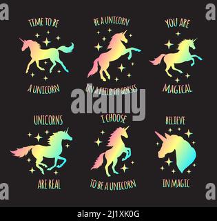 Set vettoriale di arcobaleno unicorno silhouette virgolette isolate su sfondo nero. Collezione di lettere Illustrazione Vettoriale