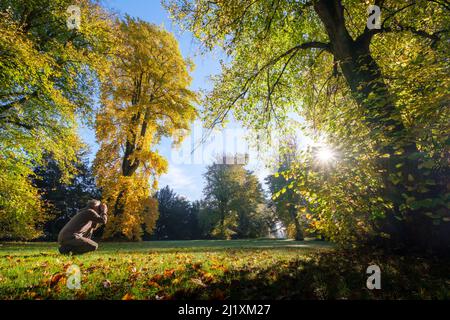 Westonbirt, Regno Unito. L'Arboreto Nazionale a Westonbirt, dove gli alberi si sono trasformati in splendidi colori autunnali e i membri del pubblico si godono a piedi e scattare foto nel luminoso sole del mattino. Foto Stock