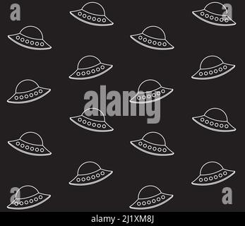 Vettore senza giunture pattern di contorno alieno ufo isolato su sfondo nero Illustrazione Vettoriale