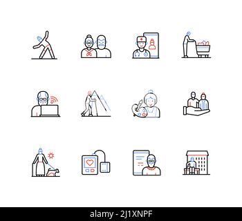 Attività per gli anziani - icone di stile di disegno di linea Illustrazione Vettoriale