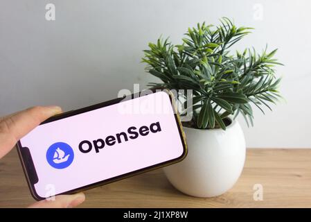 KONSKIE, POLONIA - 26 marzo 2022: Il logo del mercato OpenSea NFT viene visualizzato sul telefono cellulare Foto Stock