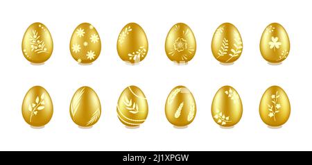 Uova di Pasqua dorate realistiche con disegni floreali ed erboristici Illustrazione Vettoriale