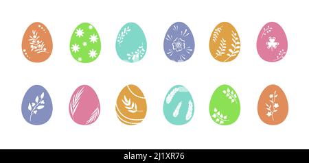 Uova di Pasqua in colori mutui con ornamenti a base di erbe e floreali. Set di simboli moderni, oggetti vettoriali piatti artistici Illustrazione Vettoriale