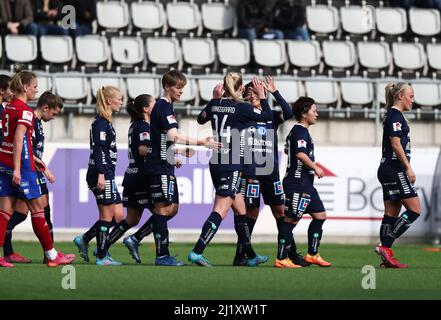 Linköpings N. 6. Saori Takarada festeggia dopo il 1-0 durante la partita di domenica nel Damallsvenskan tra il FC-Vittsjö GIK di Linköping nell'arena di Linköping. Foto Stock