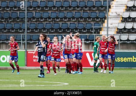 Vittsjö festeggia dopo il 1-1 durante la partita di domenica nel Damallsvenskan tra il FC-Vittsjö GIK di Linköping all'arena di Linköping. Foto Stock