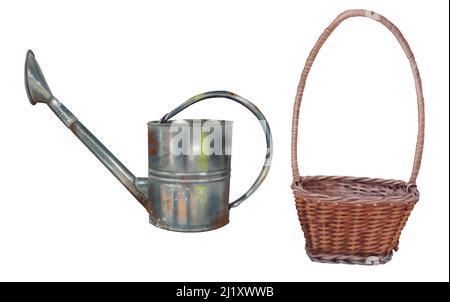 Watercolor set giardino annaffiatura lattine e cesto di vimini. Illustrazione realistica Foto Stock