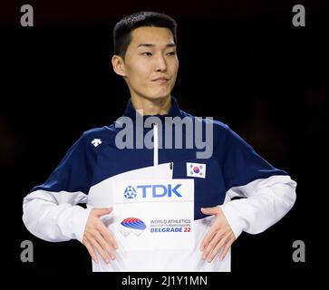 Belgrado, Serbia, 20th marzo 2022. Sanghyeok Woo di Corea durante i Campionati mondiali di atletica indoor Belgrado 2022 - Conferenza stampa a Belgrado, Serbia. Marzo 20, 2022. Credit: Nikola Krstic/Alamy Foto Stock