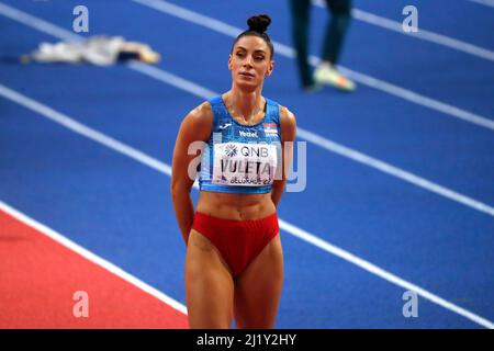 Belgrado, Serbia, 20th marzo 2022. Ivana Vuleta reagisce durante i Campionati mondiali di atletica indoor di Belgrado 2022 - Conferenza stampa a Belgrado, Serbia. Marzo 20, 2022. Credit: Nikola Krstic/Alamy Foto Stock