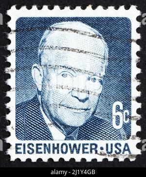 STATI UNITI D'AMERICA - CIRCA 1970: Un francobollo stampato negli Stati Uniti mostra Dwight David Eisenhower, 34th Presidente degli Stati Uniti, 1953-61, circa 1970 Foto Stock