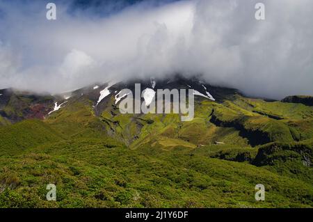 Monte Taranaki (Monte Egmont), un vulcano sull'Isola del Nord, Nuova Zelanda, con fitte foreste, scree e campi da neve. La parte superiore è nascosta da nuvole. Foto Stock