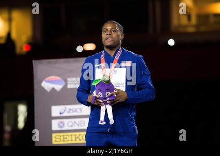 Belgrado, Serbia, 20th marzo 2022. Christian Coleman degli USA durante i Campionati mondiali di atletica indoor Belgrado 2022 - Conferenza stampa a Belgrado, Serbia. Marzo 20, 2022. Credit: Nikola Krstic/Alamy Foto Stock