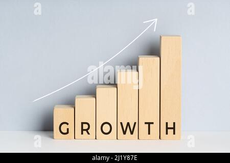 Concetto di crescita. Grafico a barre a blocchi in legno con testo e linea di tendenza verso l'alto disegnata su sfondo. Spazio di copia Foto Stock