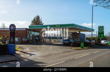 Stazione di servizio BP a Biggar, South Lanarkshire, Scozia, Regno Unito Foto Stock