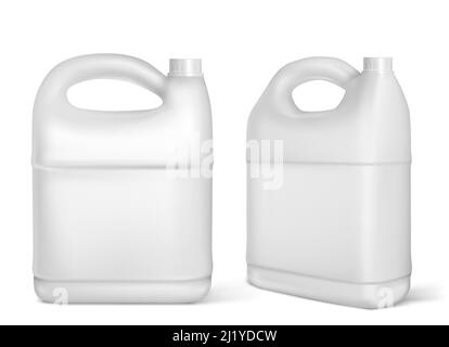 Contenitori in plastica, flaconi in jerrycan bianco isolati su sfondo bianco. Contenitore vuoto per olio motore, lubrificante per auto o additivo per benzina. PROD. Detergente Illustrazione Vettoriale