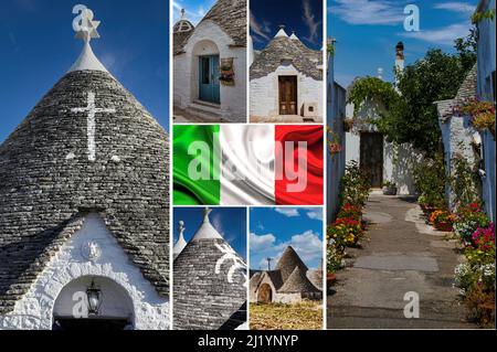 Collage fotografico della bella cittadina di Alberobello in Puglia (Bari, Italia) famosa per le sue caratteristiche e uniche case chiamate Trulli. Foto Stock