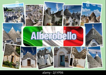 Collage fotografico della bella cittadina di Alberobello in Puglia (Bari, Italia) famosa per le sue caratteristiche e uniche case chiamate Trulli. Foto Stock