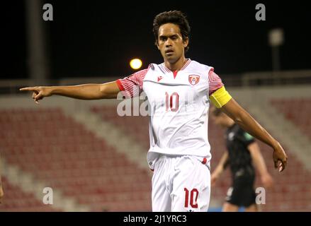 DOHA, QATAR - MARZO 27: Teaonui Tehau di Tahiti reagisce, durante la Coppa del mondo FIFA Qatar 2022 partita di qualificazione tra la Nuova Zelanda e Tahiti al Grand Hamad Stadium il 27 marzo 2022 a Doha, Qatar. (Foto tramite MB Media) Foto Stock