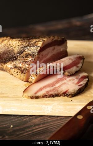 carbonara con forchetta e pancetta Foto Stock