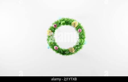 rendering 3 d. Corona di Pasqua con uova di Pasqua isolate su sfondo bianco. 3d illustrazione Foto Stock