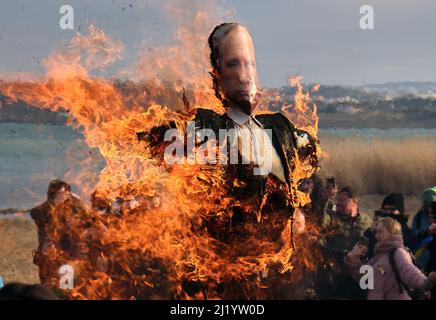 Tbilisi, Georgia. 27th Mar 2022. I russi bruciano un effigie di Putin sulle rive del bacino idrico di Tbilisi Foto Stock