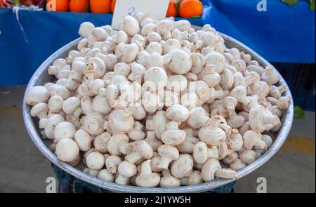 I funghi coltivati sono in vendita nel mercato locale del Mediterraneo. Foto Stock