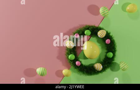 rendering 3 d. Corona di Pasqua con uova di Pasqua isolate su sfondo bianco. 3d illustrazione Foto Stock