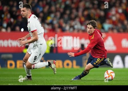 Pablo Martin Paez Gavira Gavi durante l'amichevole partita tra Spagna e Albania disputata al RCDE Stadium il 26 marzo 2022 a Barcellona, Spagna. (Foto di PRESSINPHOTO) Foto Stock