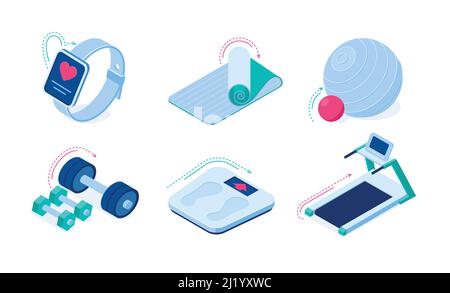 Attrezzature per l'allenamento sportivo domestico e gadget icone vettoriali isometriche. Barbells, tapis roulant per esercizi sportivi, tappetino per yoga, orologio intelligente con app, bilance e Illustrazione Vettoriale