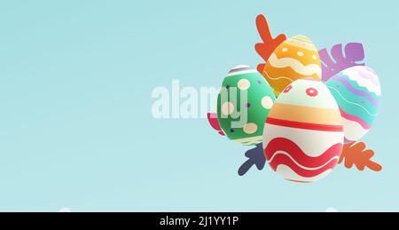 Modello di disegno di Pasqua con uova dipinte galleggianti e piante in colori pastello. Colorato e moderno stile cartoon. Poster, volantino, retro del biglietto d'auguri Foto Stock