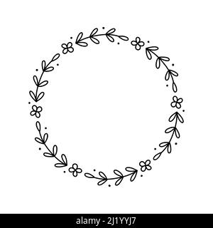 Corona floreale primavera isolato su sfondo bianco. Cornice rotonda con fiori. Illustrazione vettoriale disegnata a mano in stile doodle. Perfetto per le carte Illustrazione Vettoriale