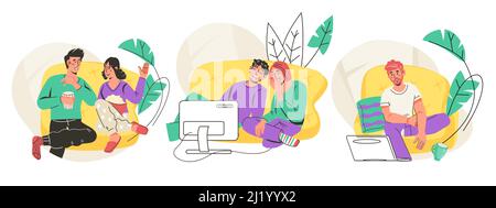 Gruppo di persone che guardano film a casa, coppie, amici e singoli, illustrazione vettoriale piatta isolato su sfondo bianco. Home cinema e tempo libero Illustrazione Vettoriale