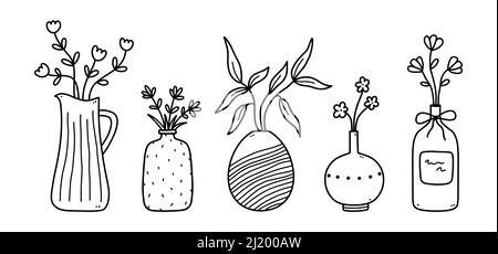 Set di fiori e ramoscelli carini in vasi di ceramica isolati su sfondo bianco. Illustrazione vettoriale disegnata a mano in stile doodle. Perfetto per carte, arredamento Illustrazione Vettoriale