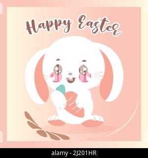 Carino grande leaved coniglio cartoon kawaii felice carta di pasqua Vector Illustrazione Vettoriale