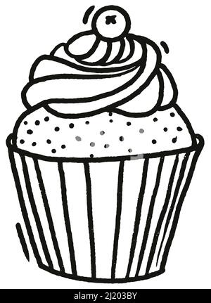 Schizzo di cupcake Doodle isolato su sfondo bianco. Illustrazione vettoriale di line art Illustrazione Vettoriale