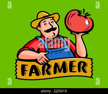 Personaggio Farmer Cartoon con logo vegetali. Emblema per il mercato agricolo o cibo biologico fattoria Illustrazione Vettoriale