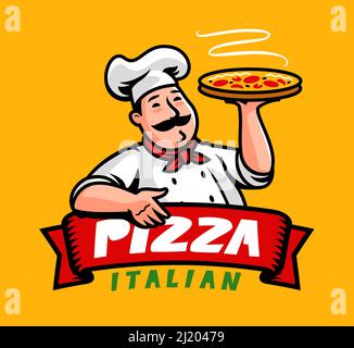 Divertente chef italiano con pizza. Ristorante cartoon emblema design Illustrazione Vettoriale