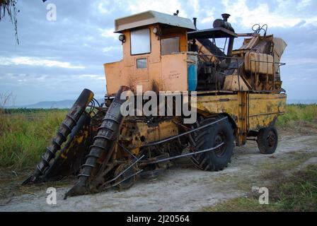 Chambas, Cuba, 21 febbraio 2010. vendemmiatrice di canna da zucchero d'epoca per il taglio della canna da zucchero Foto Stock