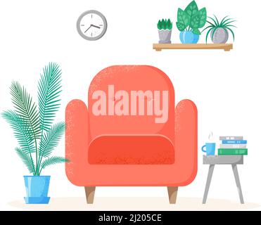 Soggiorno interno con sedia rossa, piante per la casa in pentole, tavolo e libri. Dolce illustrazione della casa. Vettore stile piatto Illustrazione Vettoriale
