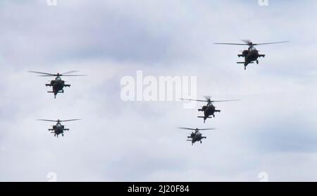 I primi cinque elicotteri da attacco Apache modello AH-64E che saranno consegnati alla Guardia Nazionale del South Carolina arrivano alla McEntyre Joint National Guard base, South Carolina, 24 marzo 2022. La Guardia Nazionale del South Carolina sta sostituendo 24 velivoli modello D con un nuovo modello e, che sarà consegnato e trasportato dal Battaglione di riconnessione dell'attacco 1-151st. Il nuovo modello include aggiornamenti meccanici e software che miglioreranno notevolmente la loro capacità di lavorare e comunicare in un ambiente di servizi congiunti e consentiranno ai piloti di operare con più capacità in futuri conflitti. (STATI UNITI Esercito Nat Foto Stock